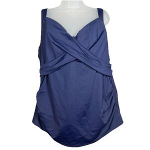 Lands End Blue Tankini Top 22W Tummy Control Wrap Front Adjustable Straps